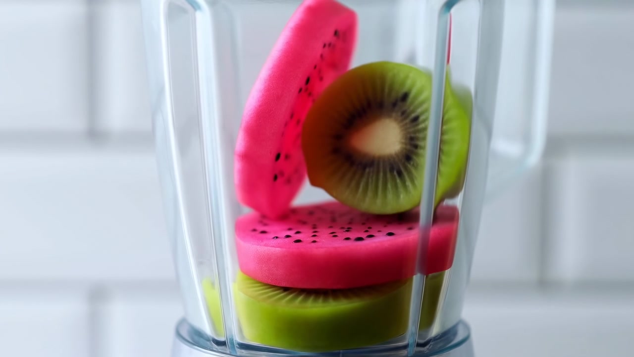 Fette di frutta tropicale disposte a strati all'interno di un vaso trasparente del frullatore che mostrano un vivido frutto del drago rosa con semi neri e un kiwi verde brillante con un anello di semi radiale, una fetta inclinata vicino alla parete.
