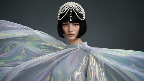 a stunning fashion portrait featuring a model dressed in ethereal, iridescent fabric with a unique pearl-embedded headpiece capturing a moment of poised elegance