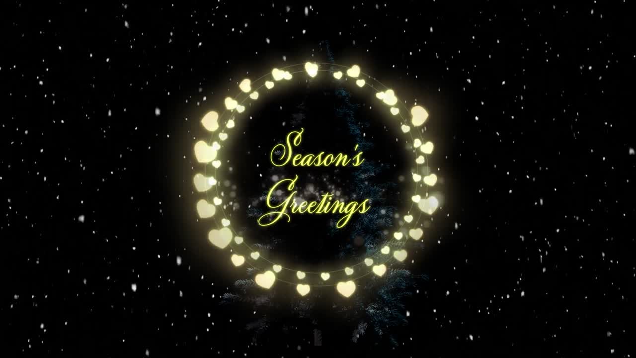 animación de las estaciones saludos texto en luces de hadas marco sobre la nieve cayendo sobre fondo negro