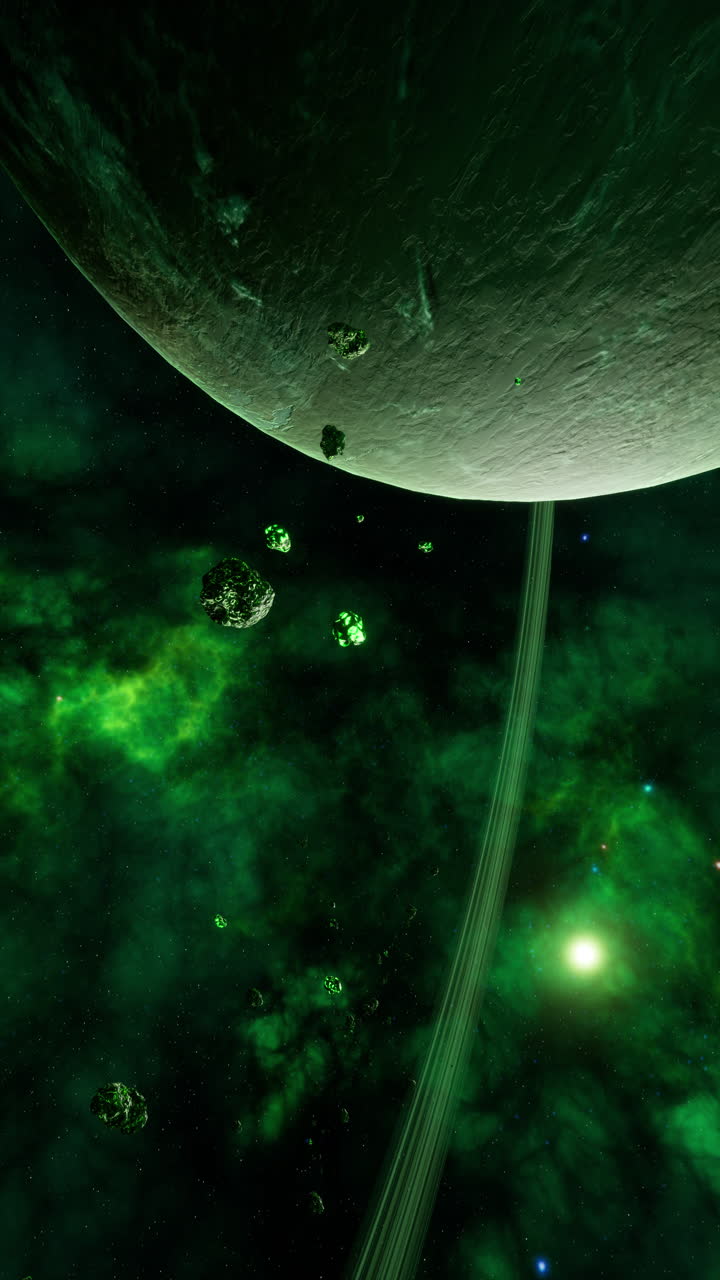 un gran cúmulo de asteroides cerca de un planeta desconocido vertical