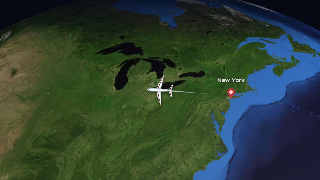 A 3D globe animation tracks a commercial airplane flying from New York to San Francisco