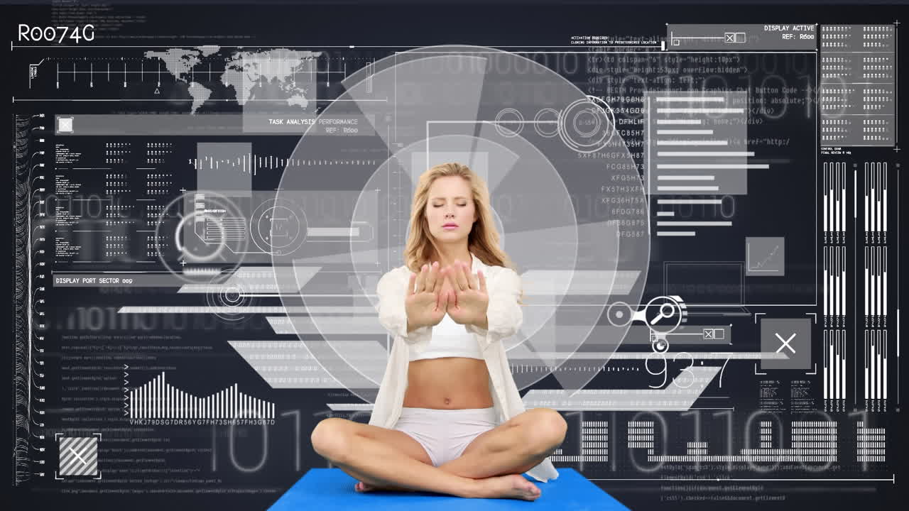 анимация женщины, практикующей йогу, с сканированием и обработкой данных