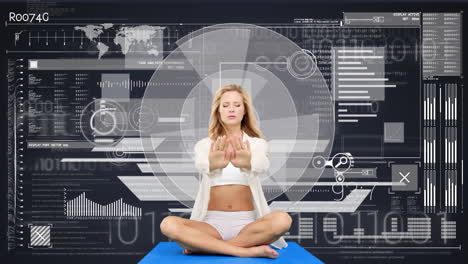 animación de una mujer practicando yoga con escaneo de alcance y procesamiento de datos