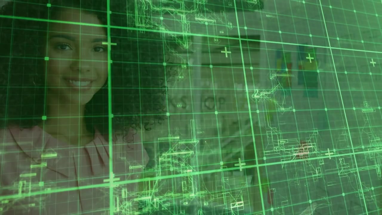 Woman interacting with device while holographic grid shifting and revealing face for tech demo