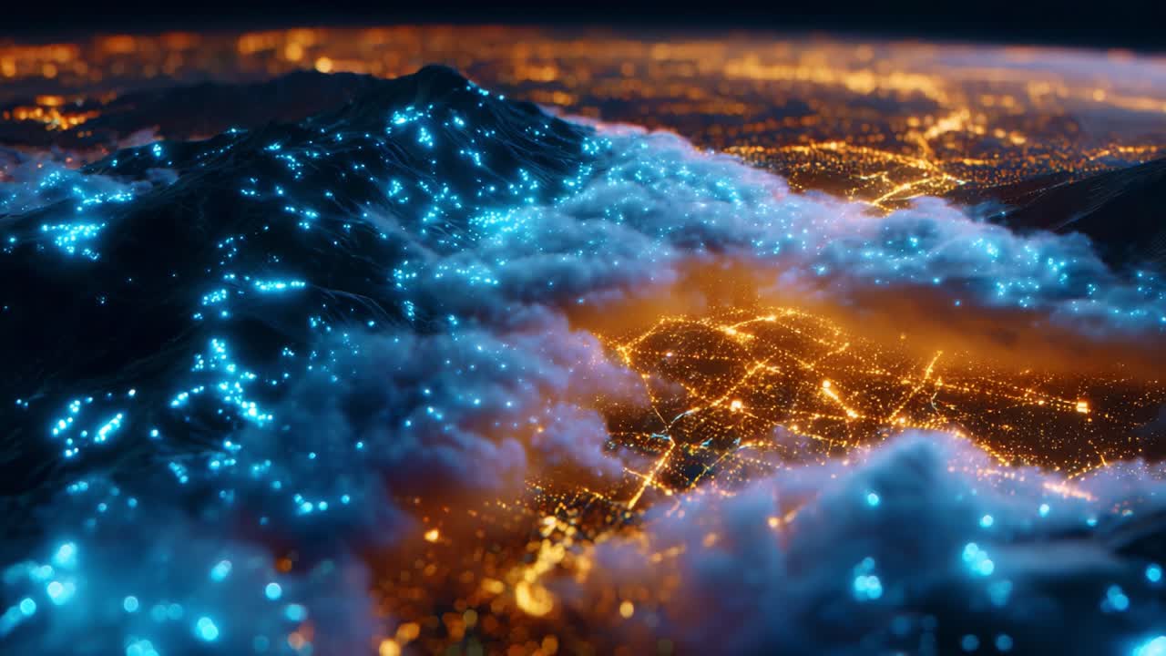A Stunning Aerial View of a Vibrant Cityscape at Night, Featuring Glimmering Lights Illuminating the Urban Landscape Interspersed with Ethereal Clouds Over Majestic Mountains, Creating a Captivating Visual Experience