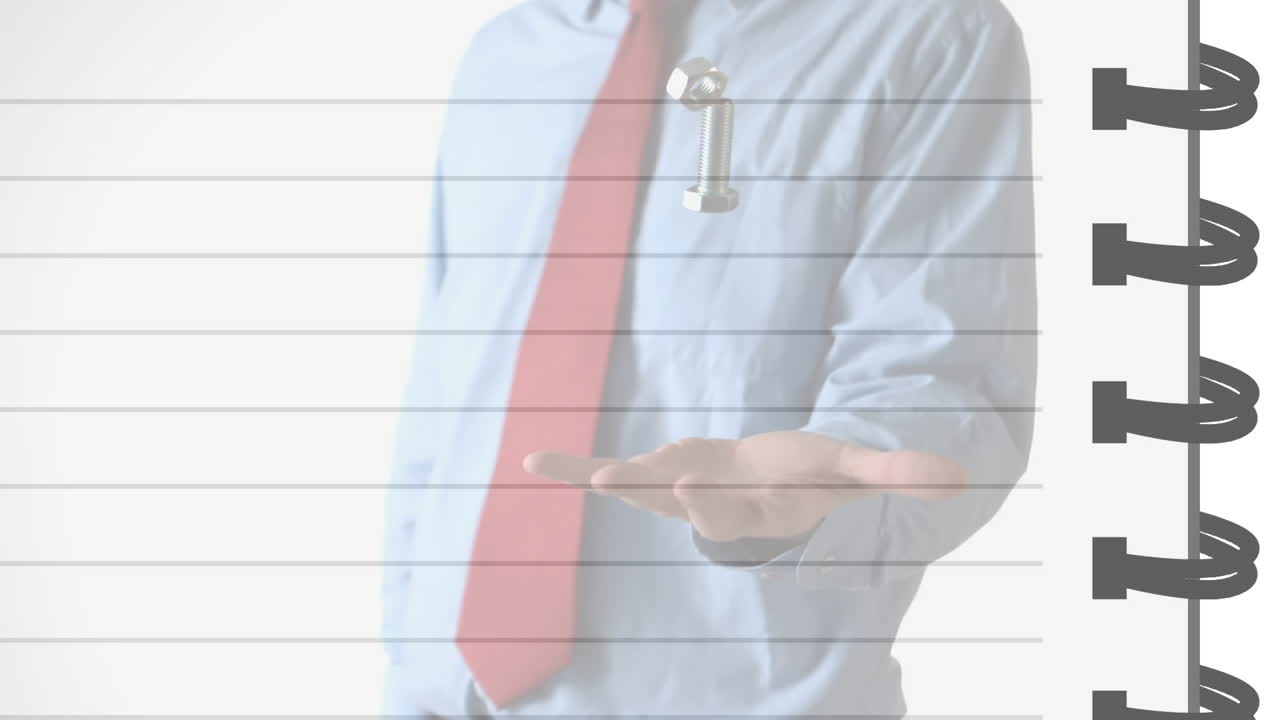 ビジネスマンがナットとボルトを投げ,捕まえる中間部分の上に空のノートブックページのアニメーション