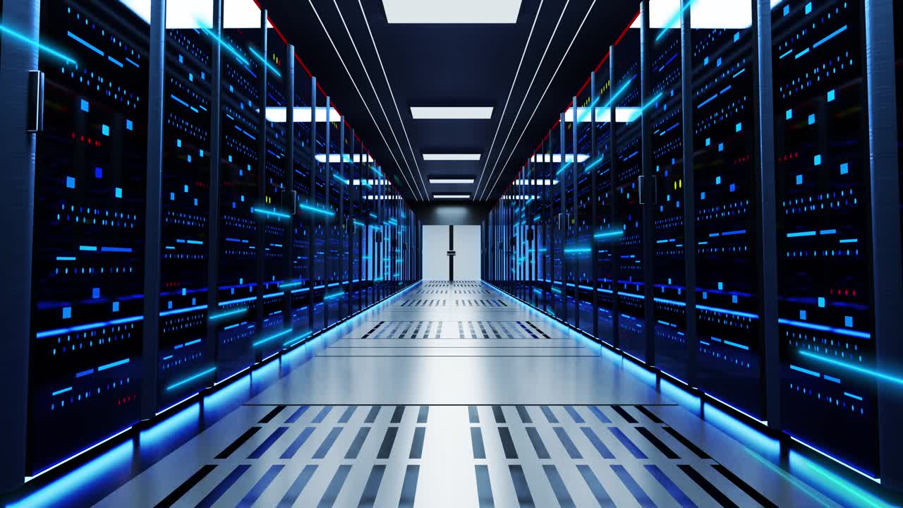 Camera moving through rack servers in data center big data storage modern internet network cloud