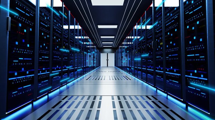 Telecamera che si muove tra server rack in un data center, storage di big data, rete internet moderna, cloud.