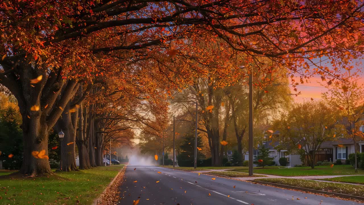 Showing suburban tree lined road shedding orange leaves under breeze at sunrise, mist drifting