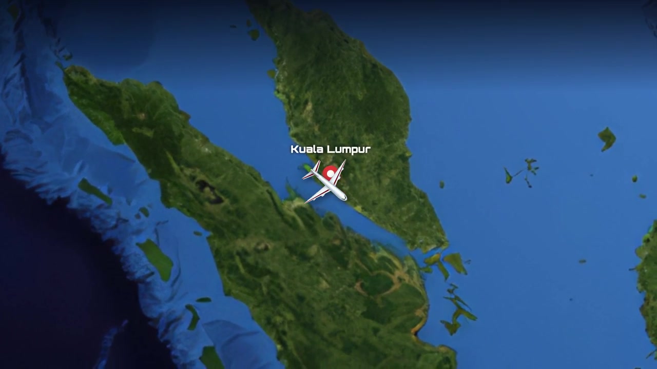 Satellite view animation tracks a commercial airplane flying from Istanbul to Kuala Lumpur across continents
