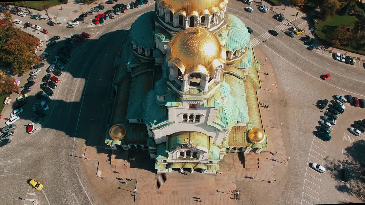Aerial footage of cathedral St. Alexander Nevsky - Sofia Bulgaria - Bird eyes angle