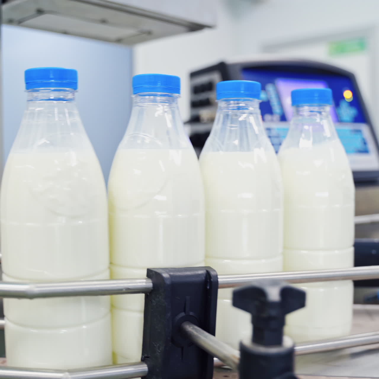 Bottles for milk on automatic production line. Dairy production in robotic factory. Empty bottles are filling with milk on manufacturing line.