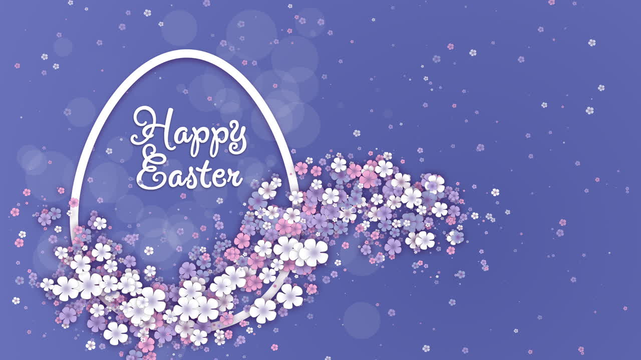Happy Easter banner with shape of egg and small spring flowers on blue background. Looped holiday animation.