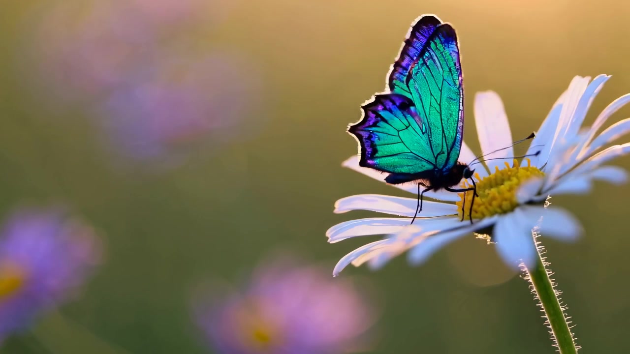 Farfalla blu vivace posata su un fiore di margherita bianca