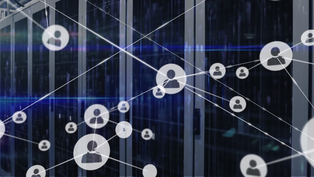 Animation of icons connected with lines and lens flares over server room