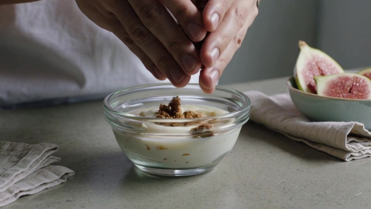 Spoon lifting white-shirt cook leveling cream in glass bowl on grey counter, adding crumbs to eat
