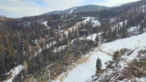 vuelo aéreo de drones por tiro de una estación de esquí quemada en un incendio forestal