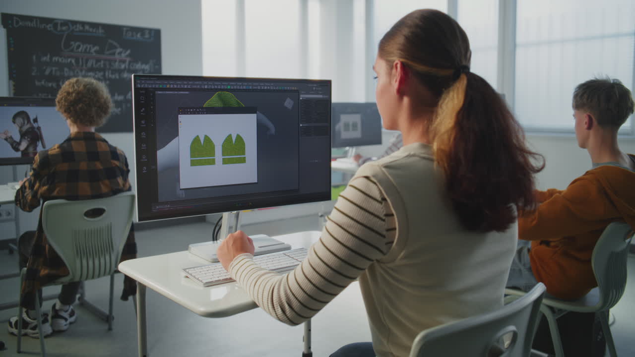 Young Woman Studies 3D Design at Computer in Classroom
