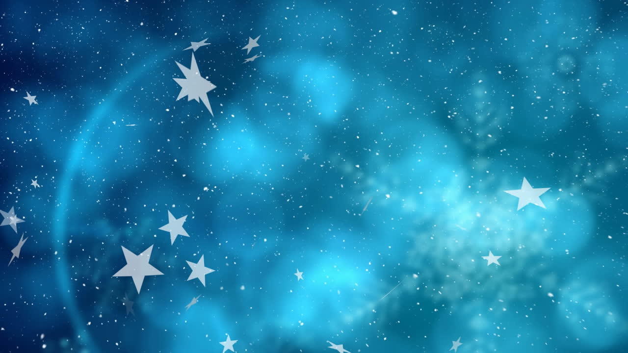 Animazione di stelle di Natale e neve che cadono su sfondo blu