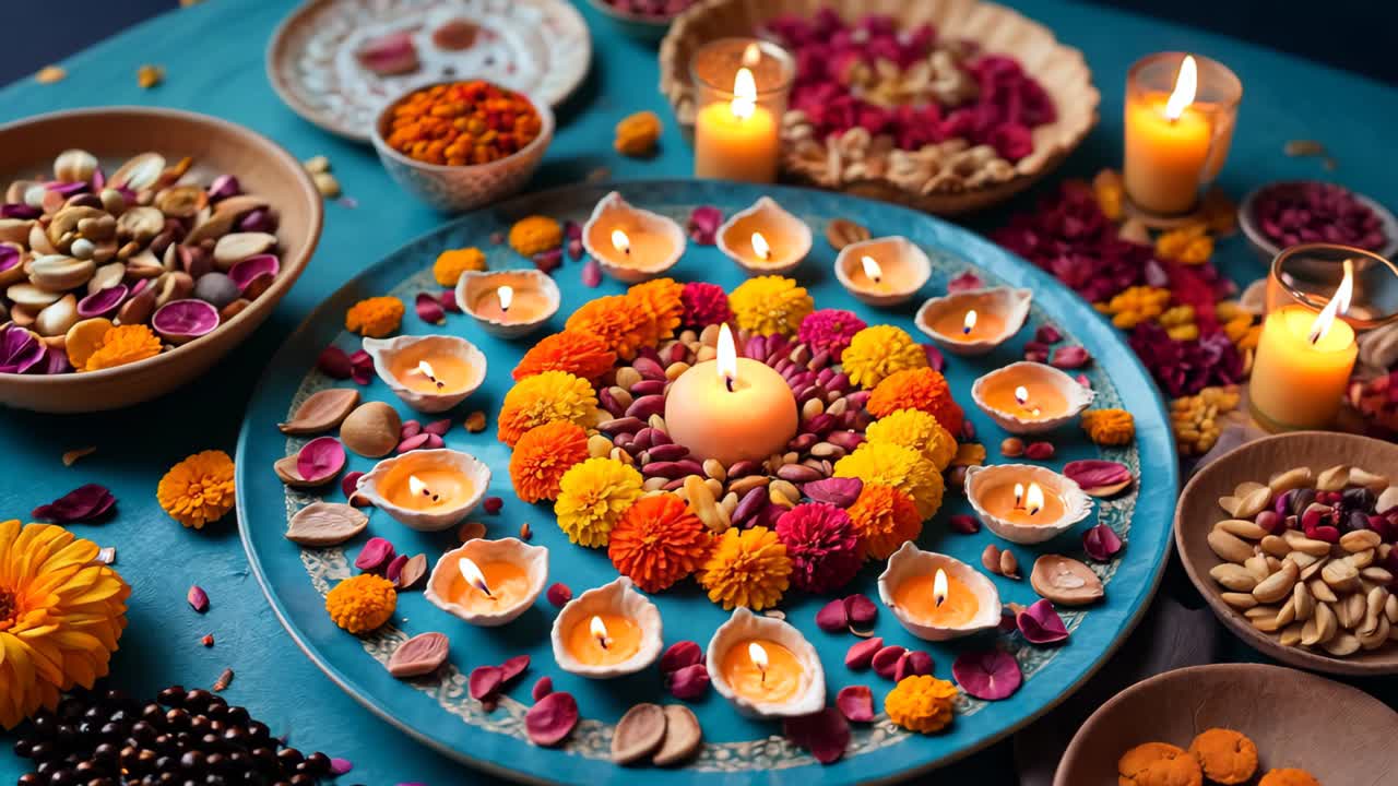 decoraciones de diwali con velas y flores