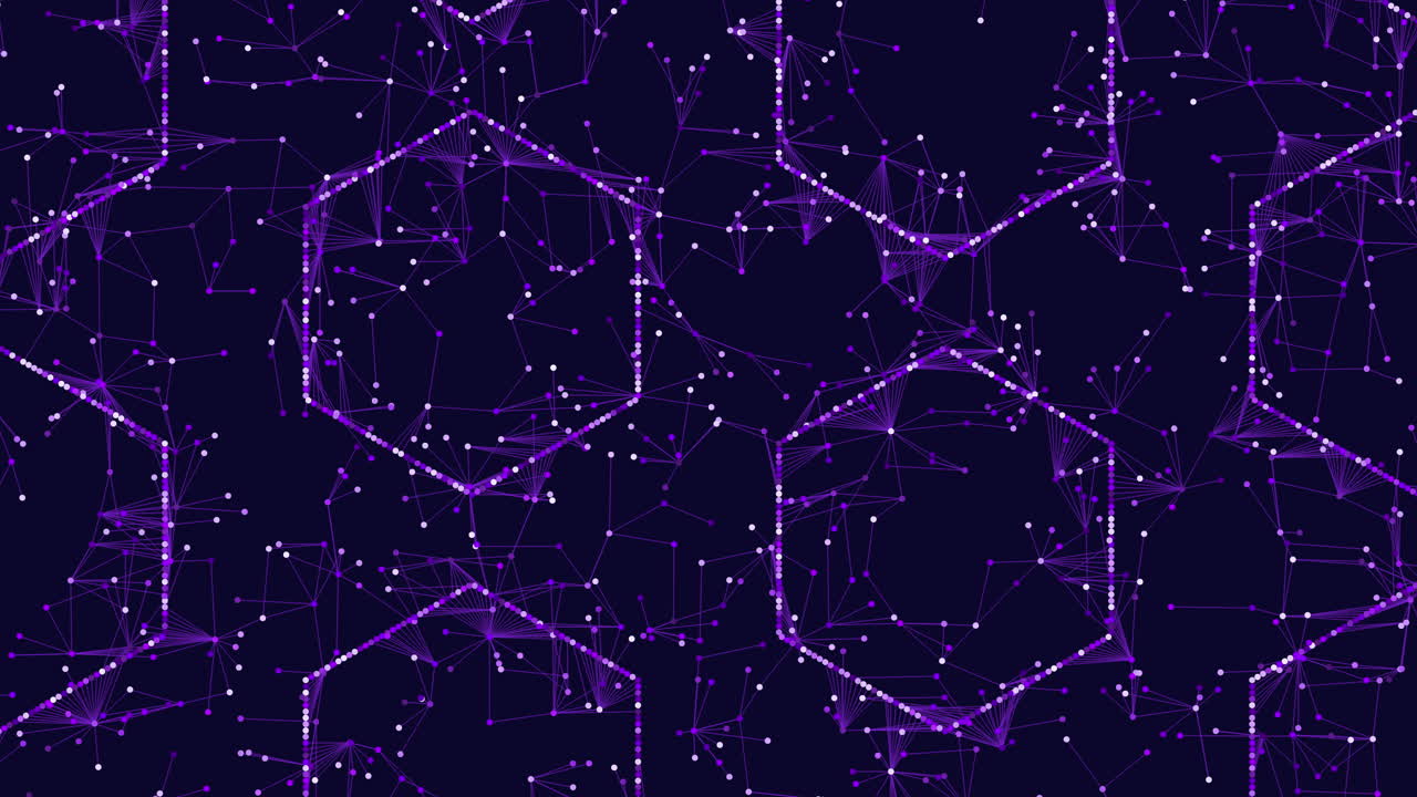 Abstract purple network grid with glowing nodes and polygon connections background