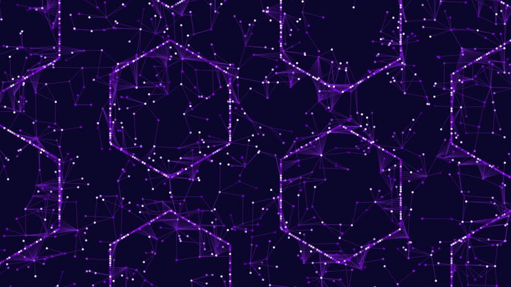 Abstract purple network grid with glowing nodes and polygon connections background