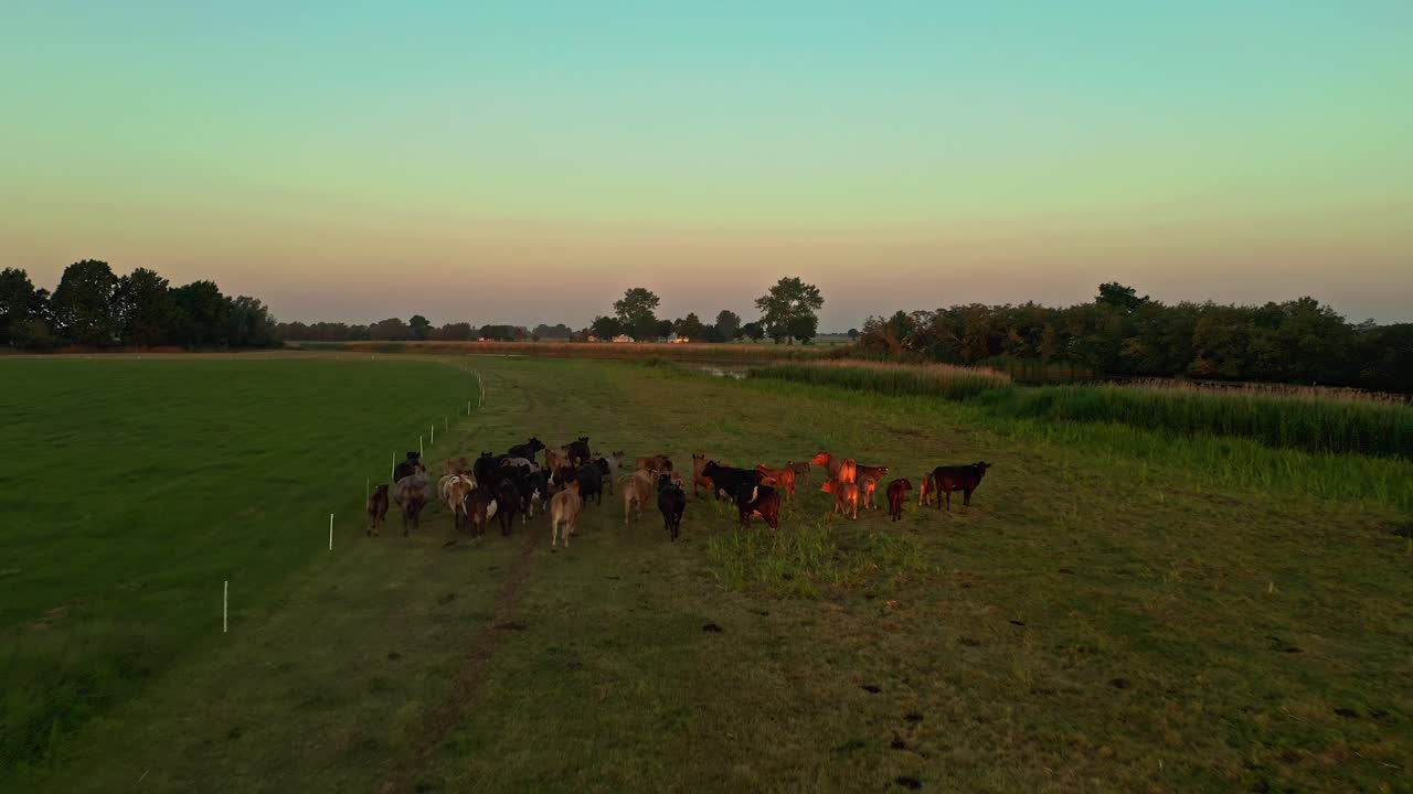Droneoptagelse fra luften af køer, der løber på marken under solopgang.