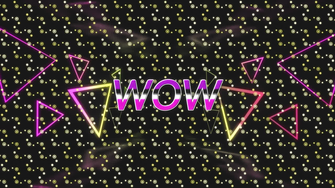 검은색 배경에 추상적인 모양에 대한 와우 텍스트 배너와 네온 삼각형 모양의 애니메이션