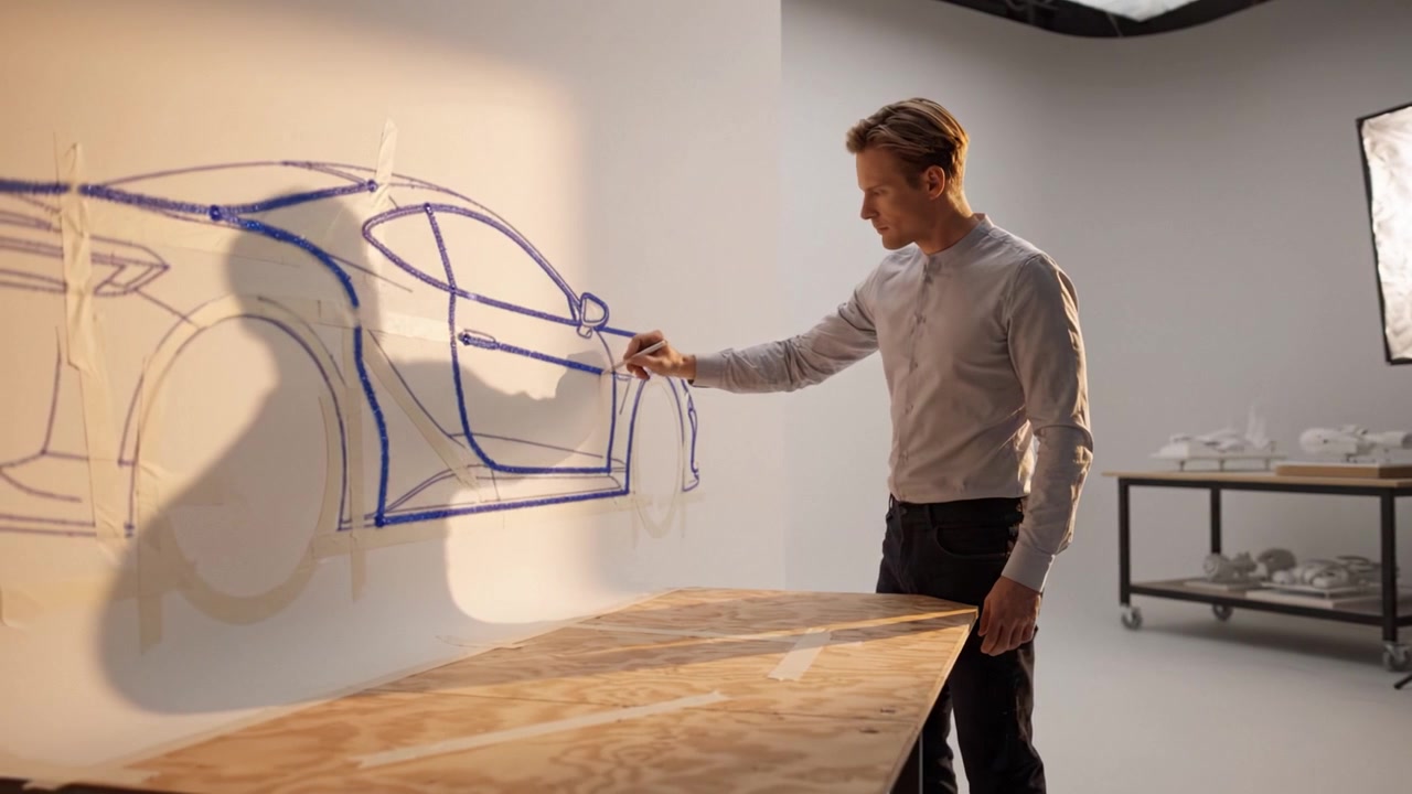 En designer fokuserer intenst på at skitsere omridset af et elegant bilkoncept på en tom væg, mens han viser kreativitet og innovativ tænkning inden for bildesign