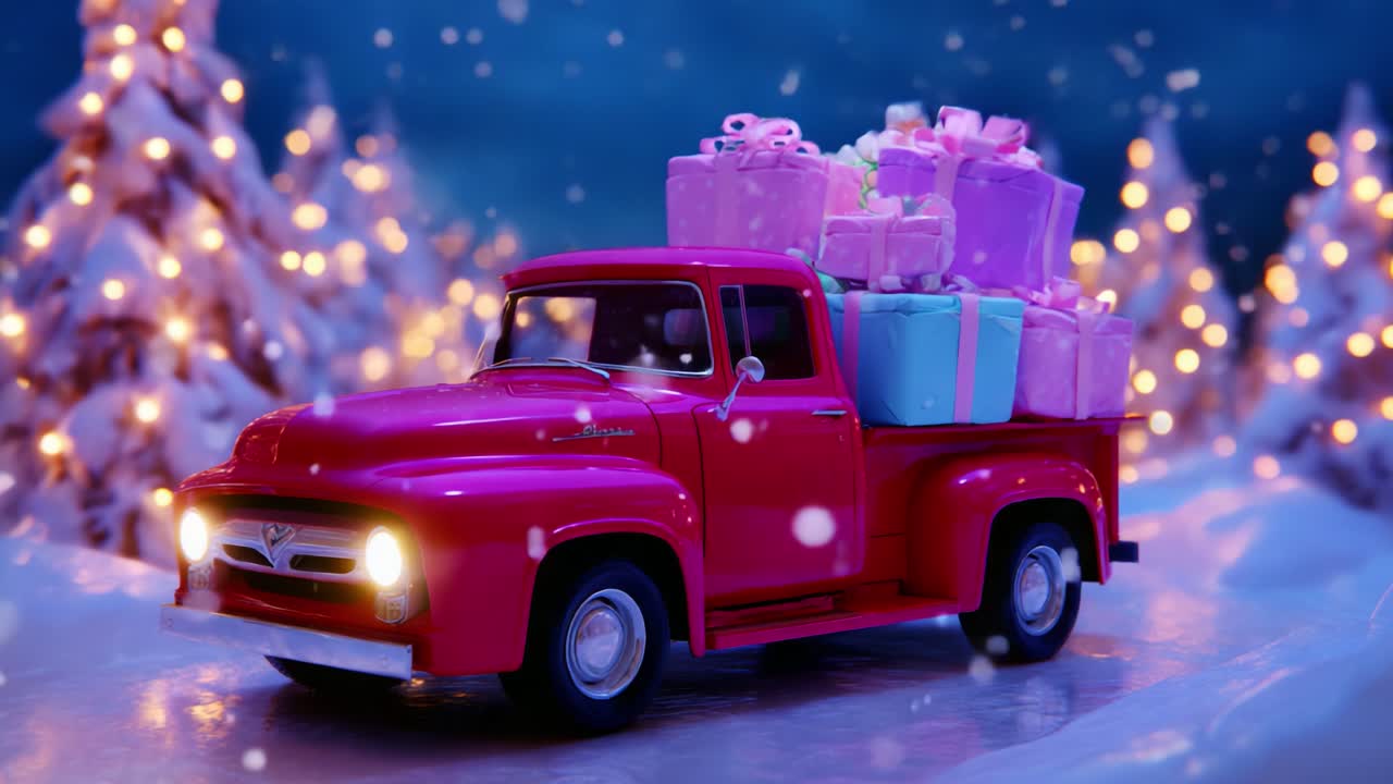 A Bright Red Toy Truck Loaded with Colorful Presents Traverses a Snowy Road Surrounded by Twinkling Holiday Lights and Glittering Snow-Covered Christmas Trees, Evoking a Festive Winter Wonderland Spirit