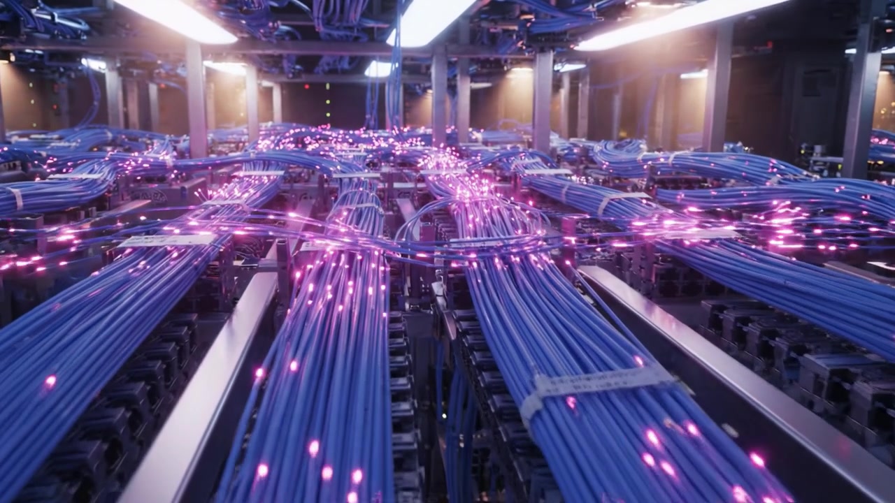 En visuel oversigt over netværksinfrastruktur med indviklede arrangementer af blå kabler i et datacenter-miljø med oplyste forbindelser.