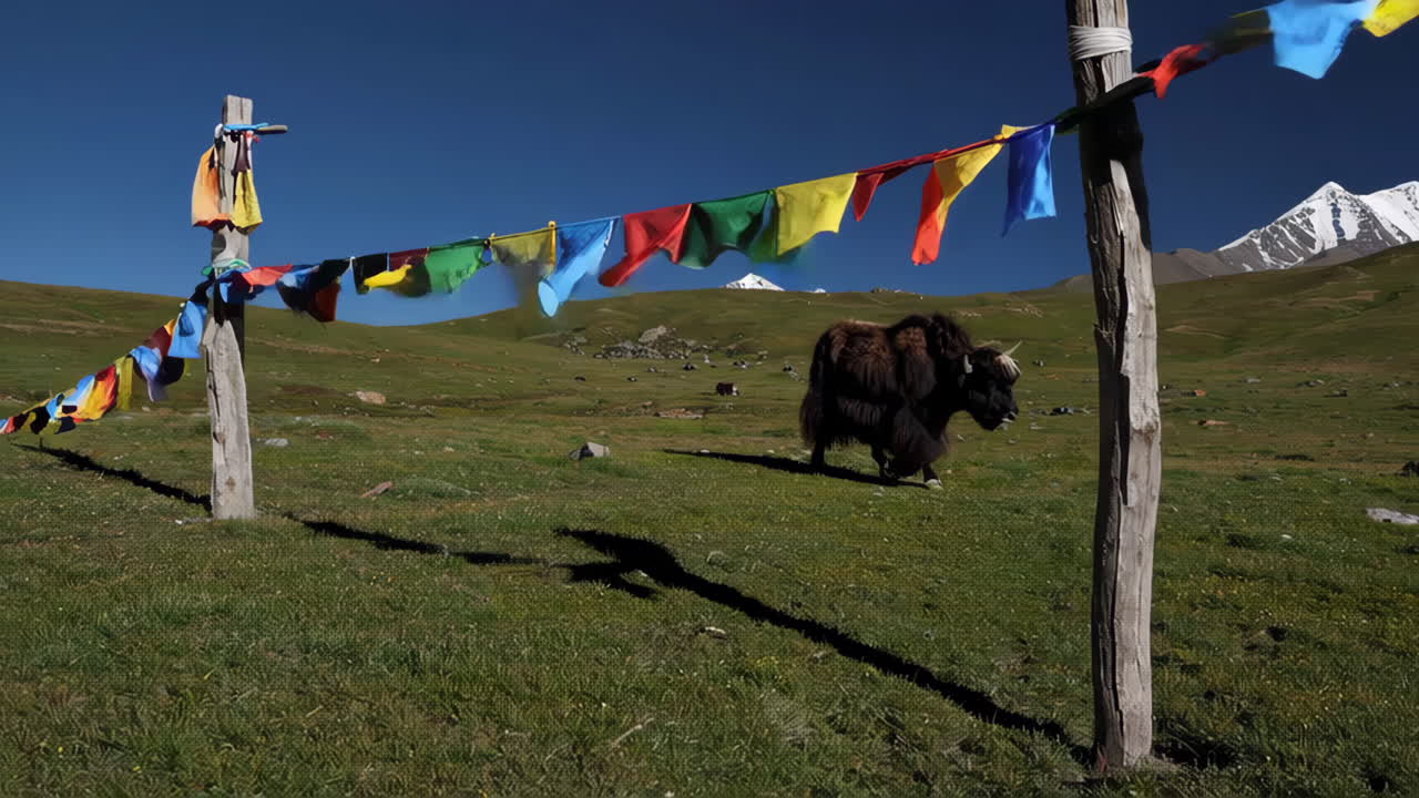 Yak in a Mountainous Landscape with Prayer Flags
