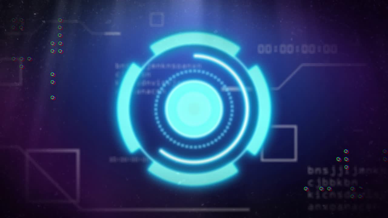 Holographic HUD booting after loader appearing, rotating rings, pulsing core, signaling scan