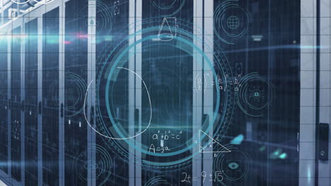 animation of data protection text, fingerprint scanner, mathematical equations against server room
