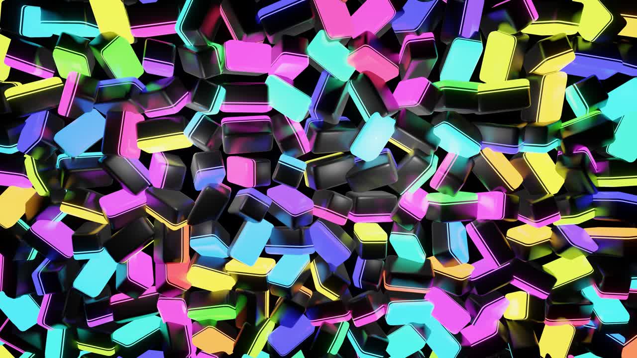 4k looped geometric background with neon light, black blocks like light bulbs with multicolor light. Beautiful motion design background with simple geometric shapes and neon light. VJ loop
