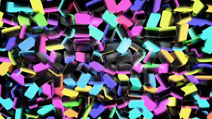 4k looped geometric background with neon light, black blocks like light bulbs with multicolor light. Beautiful motion design background with simple geometric shapes and neon light. VJ loop
