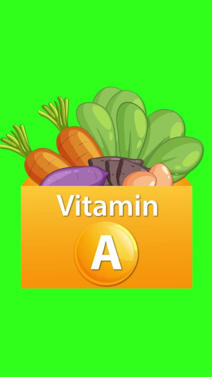 Appare una scatola animata di vitamina A, che rivela verdure assortite, con uno sfondo verde brillante e transizioni fluide.