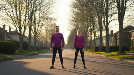 couple exercising outdoors on a residential street
