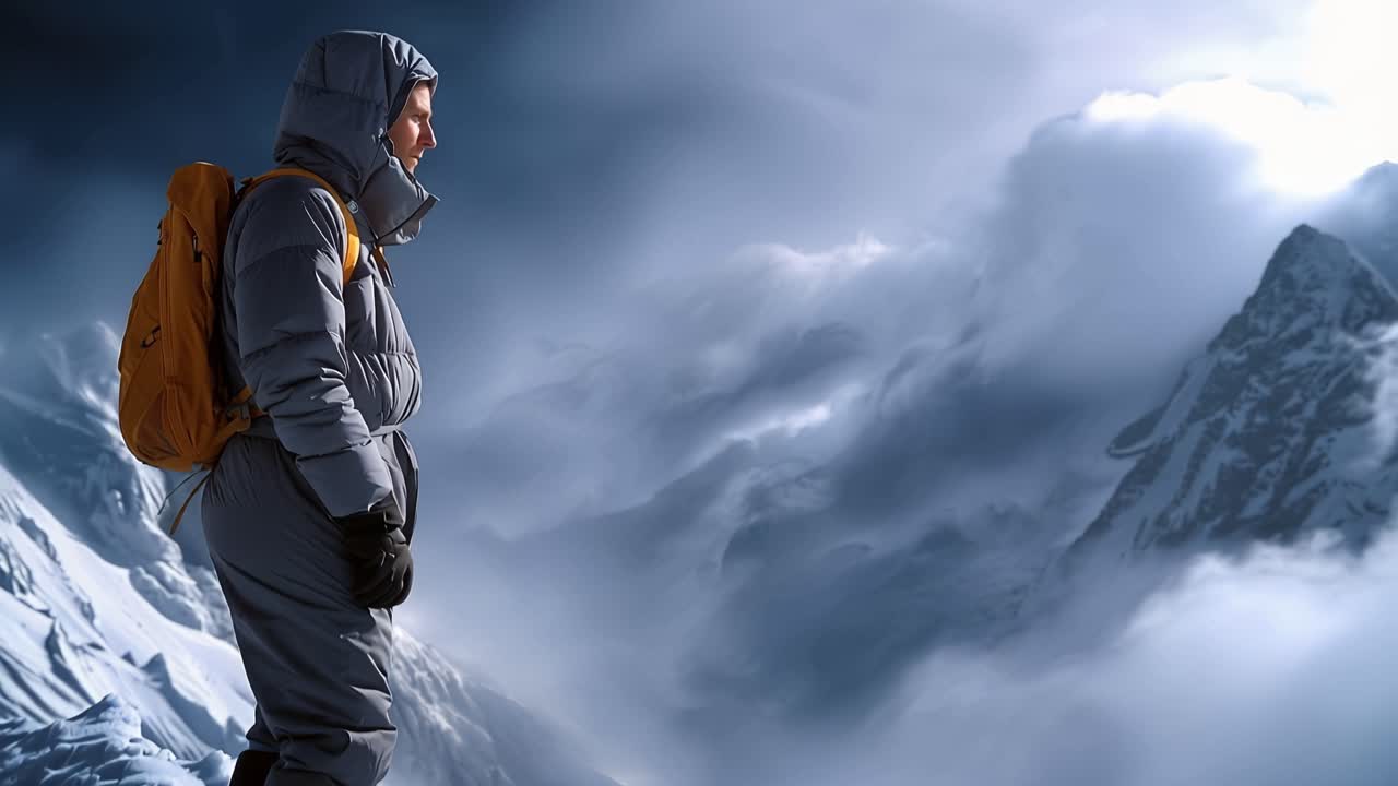 Alpinista en una cima nevada con vistas a una cordillera nublada.