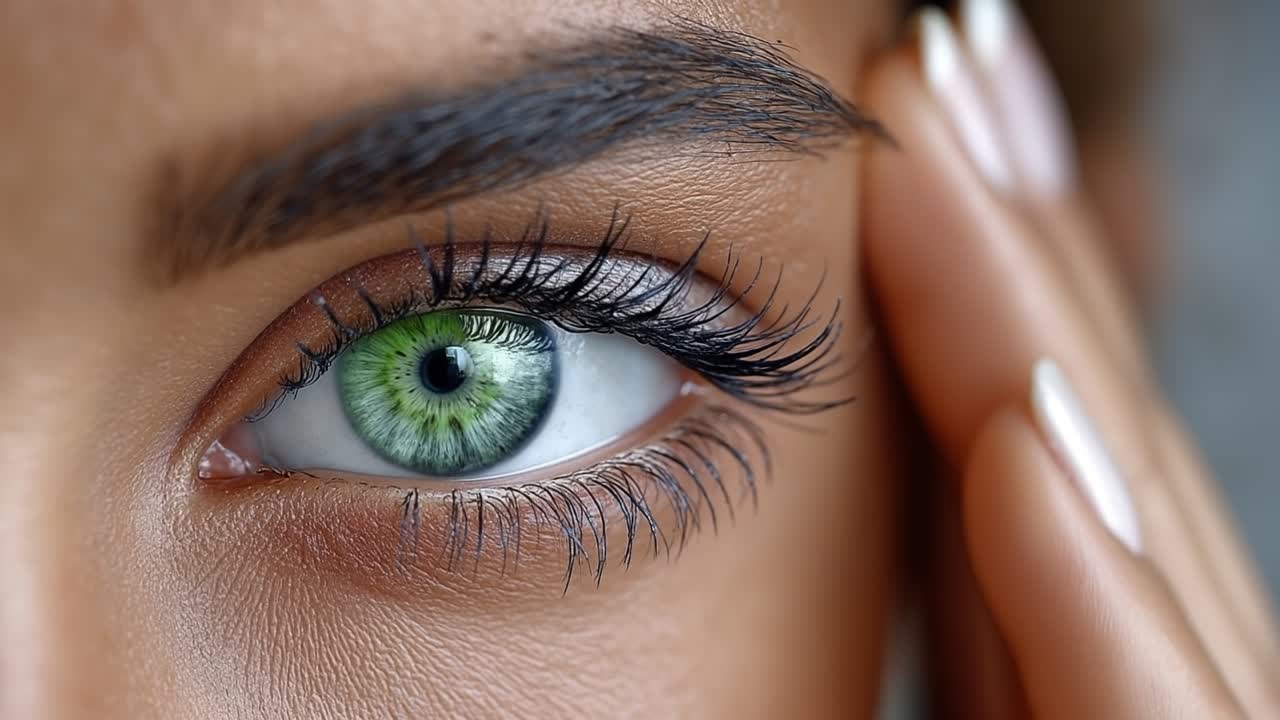 Extreme close up of beautiful green female eye with long eyelashes and manicured hand