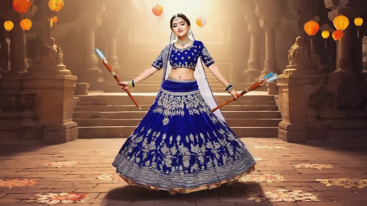 Donna in abito tradizionale indiano che esegue la danza Dandiya