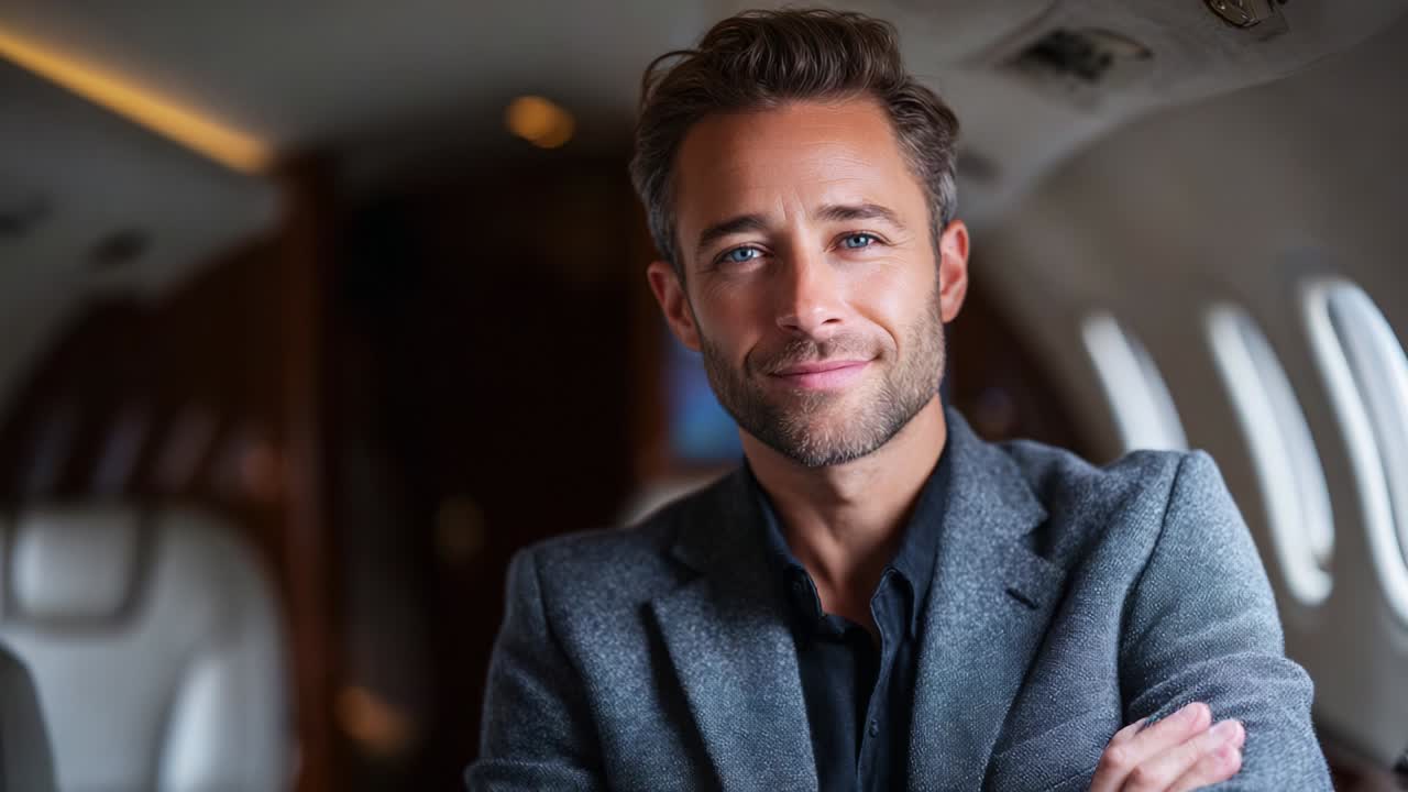 Confident Man in Stylish Gray Suit Relaxing Inside Private Jet, Capturing How Luxury Travel Meets Comfort and Elegance, Reflecting on Inspirations and Achievements Amidst Opulent Surroundings