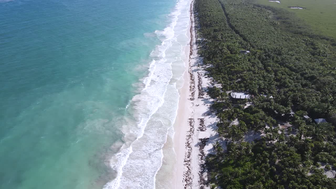 Aerial scene of a tropical coastline in Tulum, Mexico. White sand beach and turquoise waters in Tulum from above