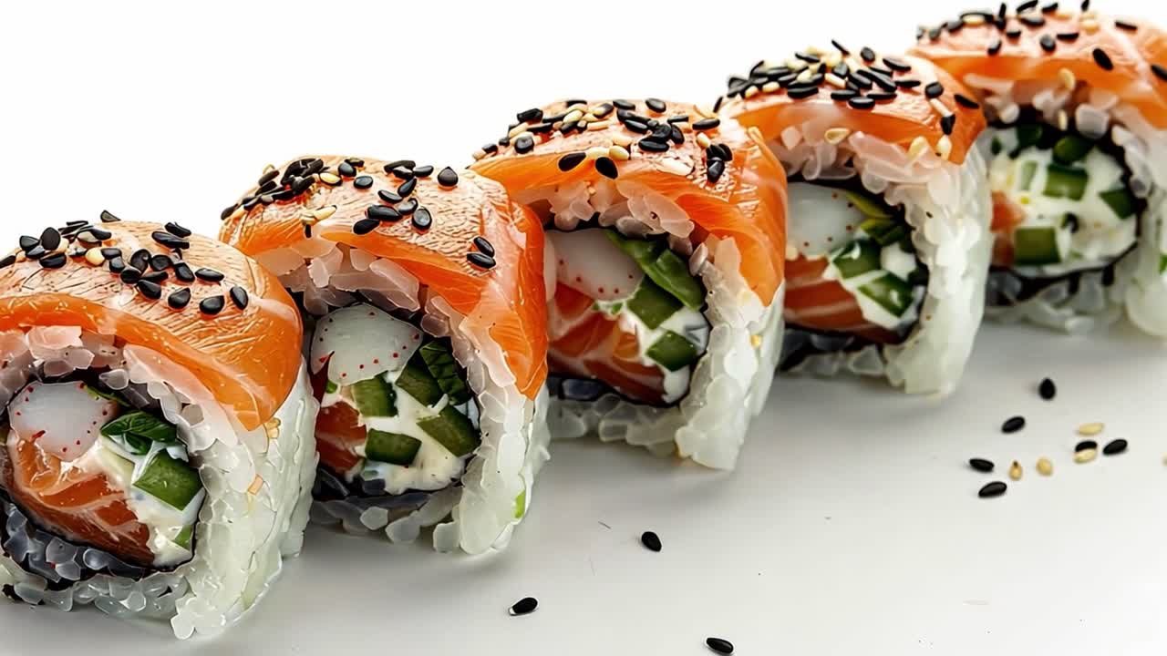 Delicious Salmon Sushi Rolls Topped with Black Sesame Seeds