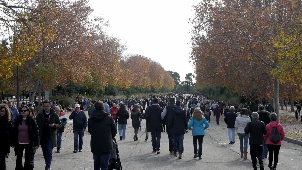 Crowds of people walking through a park in autumn
