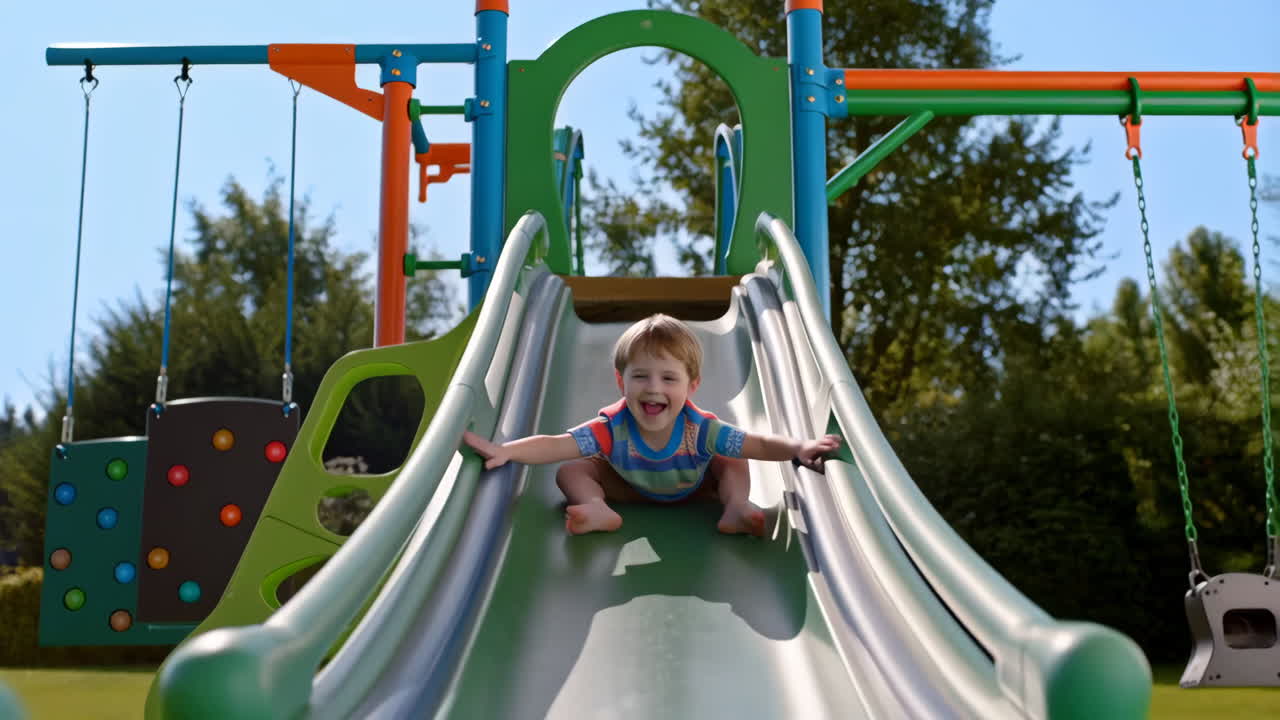 Happy child sliding down a playground slide