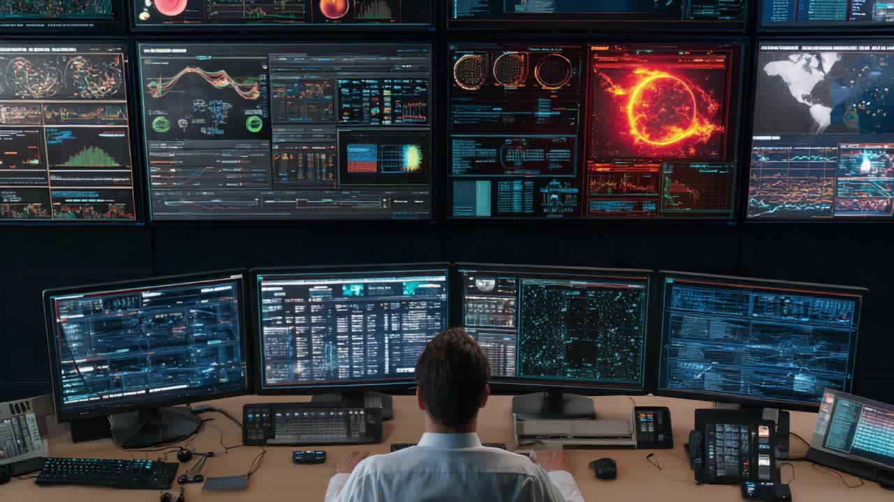 Un analista professionista monitora complessi display di dati in una sala di controllo ad alta tecnologia, analizzando vari grafici e diagrammi su più schermi.