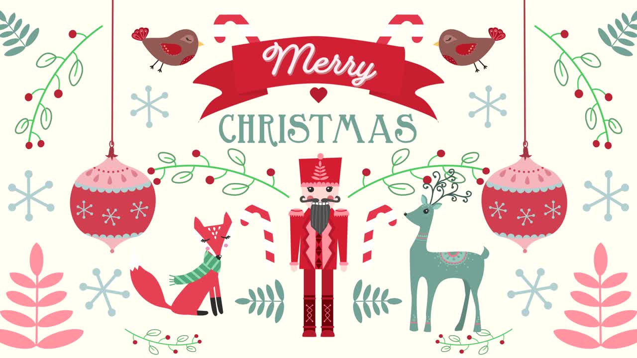 Animation of Merry Christmas words with animals on Christmas decorations background