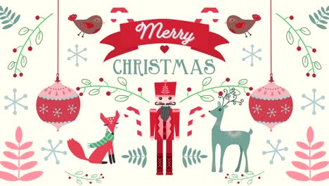 animación de felices palabras de navidad con animales en el fondo de las decoraciones navideñas