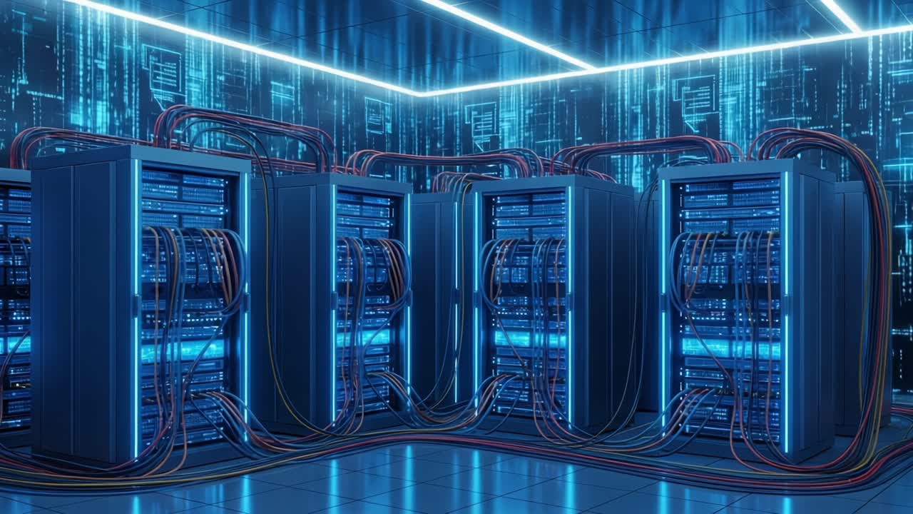 Futuristic Data Center Featuring High-Tech Servers with Neon Blue Lighting and Extensive Cabling in a Modern Digital Environment